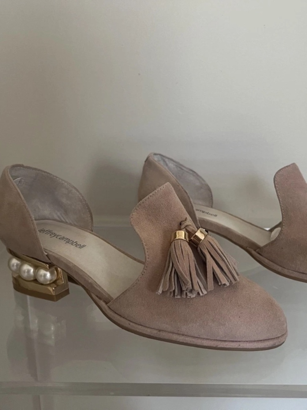 Jeffery Campbell Tan Suede Civil Pearl Heeled Beaded Tassel Loafers Shoes Size 8